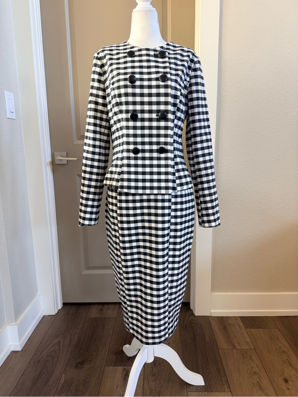 Black & White Gingham Double-Breasted Skirt Suit